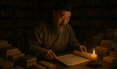 Pergamino sobre una mesa en biblioteca clásica China