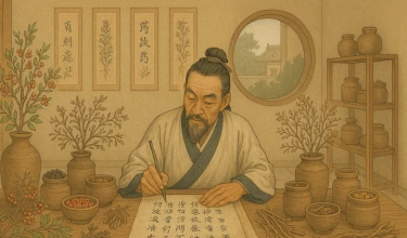 Li Shi Zhen escribiendo un libro entre plantas