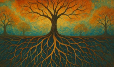 Un árbol en el bosque con las raíces interconectadas 