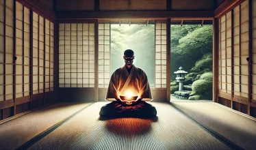 Monje  meditando, centrando la atención en el hara