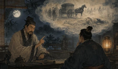 Guan Lu haciendo la lectura del sueño a He Yang