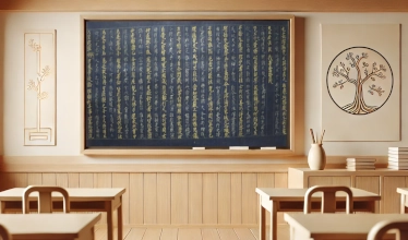 Pizarra en aula con caractéres Chinos