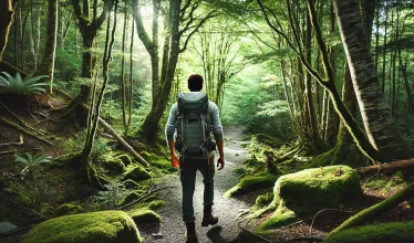 Senderista con mochila pesada andando por el bosque