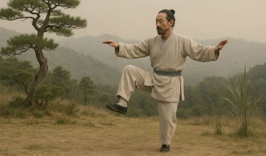 Persona realizando ejercicios de yangsheng en la naturaleza