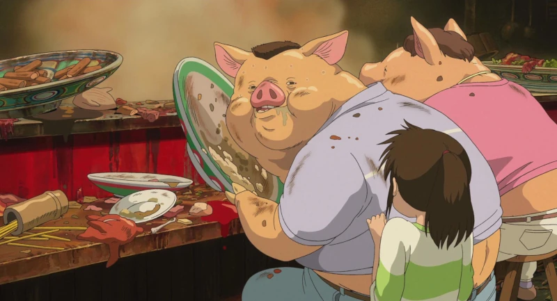 Imagén de la película "El viaje de Chihiro" donde se muetran a los padres de Chihiro comiendo en la barra de un bar y convirtiendose en cerdos